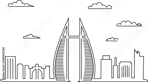 Continuous Line Art of Manama Skyline with Arch Shaped Tower Minimal Outline Illustration
