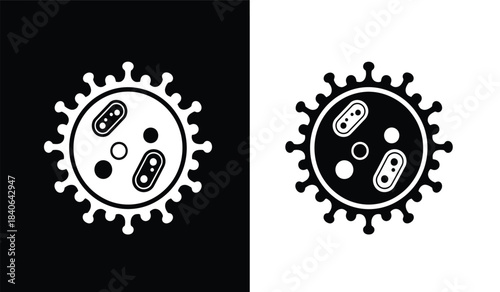 this image showcases a stark black and white depiction of a coronavirus cell structure featuring a spherical shape with radiating spikes conveying a sense of