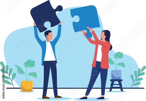 Businesspeople collaborate by connecting puzzle pieces, symbolising teamwork, problem-solving, and finding solutions in a corporate environment