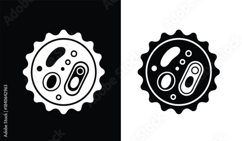 a detailed illustration displaying a bottle cap with a textured edge presented in both black on white and white on black color schemes showcasing simplicity