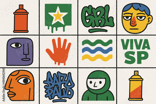 Brazilian street art graffiti vector icon set with spray cans stencils tags abstract faces and São Paulo motifs