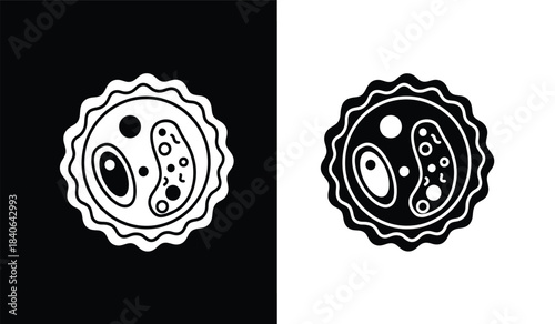 a detailed depiction of a cellular structure showcasing an irregular outline with internal components presented in both black and white versions for contrast high quality