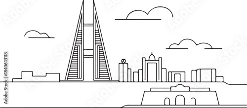 Continuous Line Art of Manama Skyline with Bahrain Fort Minimal Outline Illustration