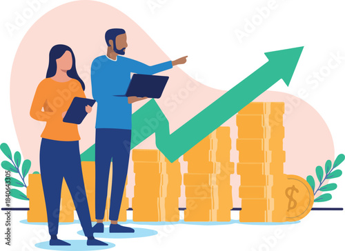 Businesspeople making money - Business man and woman standing pointing at money graph and chart with rising green arrow pointing up. Flat design vector illustration on white background