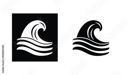 this image showcases two contrasting monochrome depictions of stylized ocean waves one with a white wave on black and the other with a black wave
