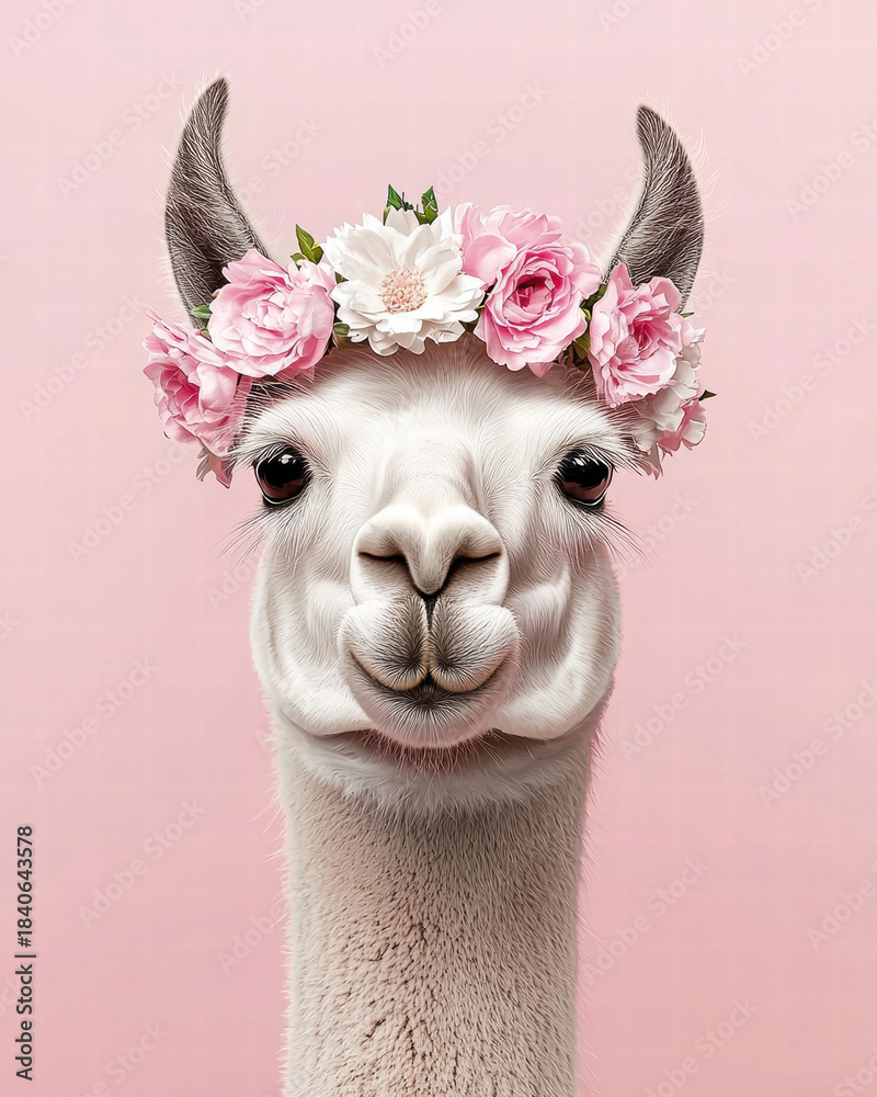 Fototapeta premium Cute llama wearing pink flower crown smiling on pastel background, whimsical portrait, soft natural light