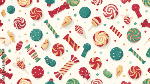 Vector illustration of Christmas candy and a giftbox on a flat design background, featuring colorful and stylized elements, with bold lines and geometric