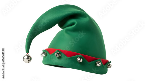 Festive green elf hat with bells isolated on transparent background