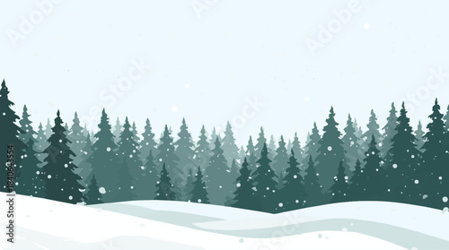 Vector template featuring a serene snow-covered background with a dense pine forest in the distance, rendered in a modern flat design style with bold line