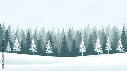 Vector template featuring a serene snow-covered background with a dense pine forest in the distance, rendered in a modern flat design style with bold line