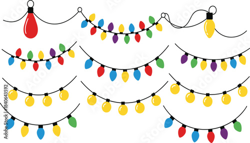 Colorful string lights, festive bulb designs, holiday decorations, teardrop and round shapes, vibrant garland, celebration theme, party decor, cheerful illumination, seasonal graphics, hanging lights