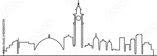 Continuous Line Art of Mecca Skyline with Clock Tower Silhouette Minimal Outline Illustration
