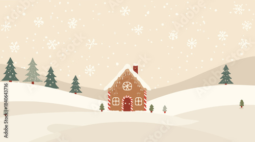 Vector illustration of a festive Christmas snow background with delicate snowflakes and a warm gingerbread house in the center, all in a modern flat design