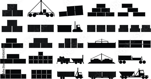 Container logistics silhouettes, cargo handling, cranes, forklifts, trucks, trailers, stacked containers, transport equipment, shipping operations, freight, industrial, export