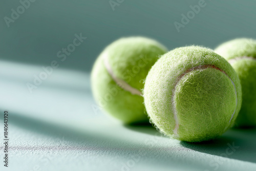 Three vibrant green tennis balls with a fuzzy texture rest on a light green surface, featuring crisp shadows and ample copy space.