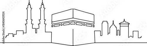 Continuous Line Art of Mecca Skyline with Kaaba Shape Simplified Minimal Outline Illustration