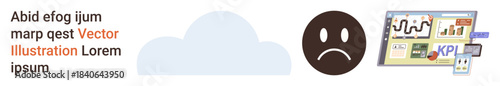 Cloud computing, emotions monitoring, data trends, performance analysis, digital tools, technological innovation. Sad face icon with a cloud and dashboard with graphs. Cloud computing and emotions