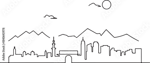 Continuous Line Art of Mecca Skyline with Simplified Mountain Horizon Minimal Outline Illustration