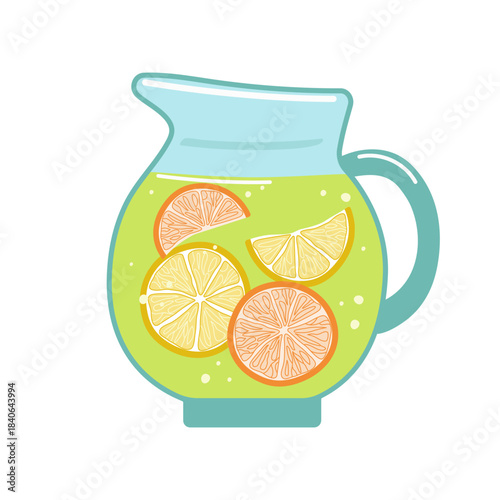 Jug of lemon, orange juice. Natural lemonade in a glass pitcher, a healthy refreshing drink with fruit and citrus slices. Healthy food. Vector illustration, isolated background.