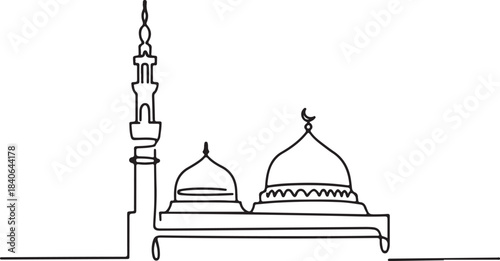 Continuous Line Art of Medina Skyline with Al Masjid an Nabawi Domes Minimal Outline Illustration