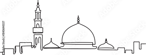 Continuous Line Art of Medina Skyline with Quba Mosque Dome Minimal Outline Illustration