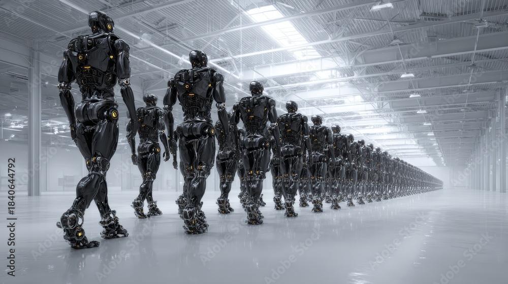 Obraz premium Futuristic robot army marching in industrial facility with precision