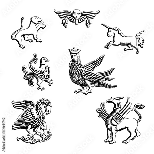 Victorian fantastic beasts sketch set on black background