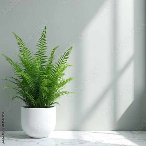 Green fern grows in white ceramic pot. Plant is indoors on marbled table. Sunlight creates shadows on wall. Natural decor element for home or office space.