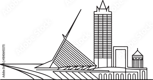 Continuous Line Art of Milwaukee Skyline with Art Museum Wing Structure Minimal Outline Illustration