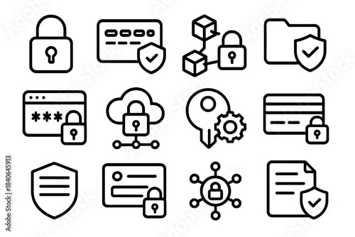 Digital Security Icons. Secure Data Handling linear set: privacy lock, scrambled ID, encrypted box, shielded folder, safe login code, secure cloud node, access token, protected