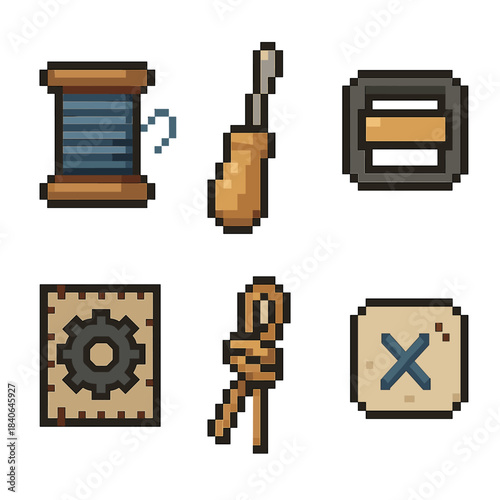 Field Mending Icons. Field Mending Items set of icons in flat pixel vector style: thread spool, small awl, strap buckle, gear patch, knot tie, quick mend icon.