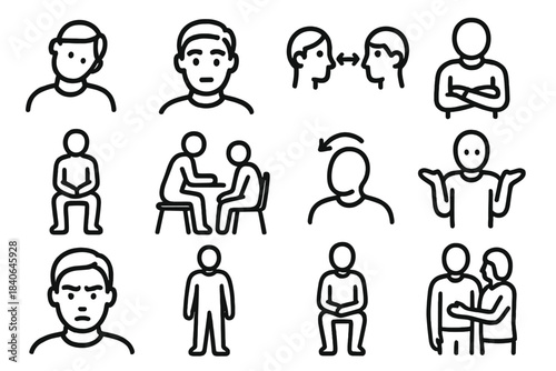 Body Language Icons. Nonverbal Expression Cues linear set: head tilt icon, eyebrow lift, eye contact symbol, crossed arms, open posture, leaning-in gesture, nodding head, shrug