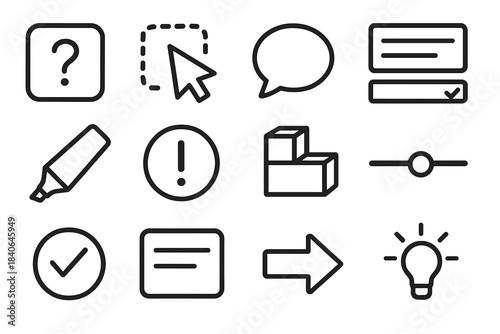 Interactive Icon Set. Interactive Learning Aids linear set: question tile, drag-and-drop icon, option bubble, response list, highlight pen, attention marker, interactive block,