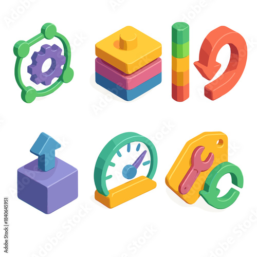 Isometric Lifecycle Icons. Extended lifecycle frameworks flat isometric set: maintenance node, modular part tile, durability bar, renewal route arrow, upgrade block, resilience