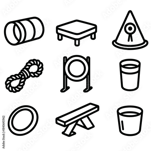 Pet Exercise Icons. Pet Exercise Tools linear set: run tunnel, step platform, ring jump, target cone, tug rope, fetch disc, balance beam, water cup.