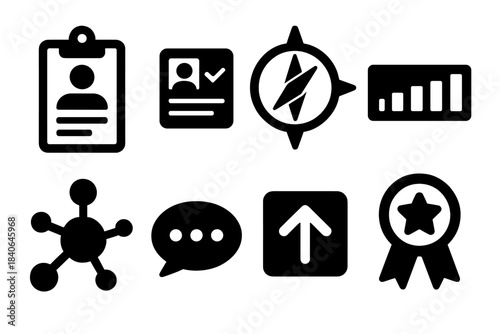 Healing Support Icons. Individual Healing Support Set silhouette set: custom recovery plan, daily check-in card, guidance compass, adaptive pacing bar, comfort resource node,