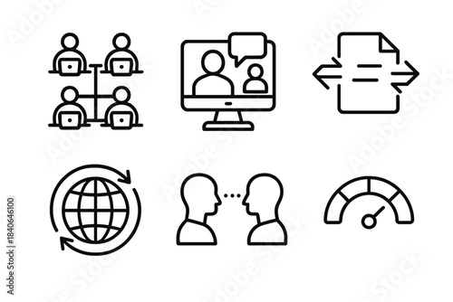 Global Office Network. International Collaboration Set linear set: remote office nodes, connection pathways, virtual meeting icon, file-sharing tile, cross-region sync arrow,