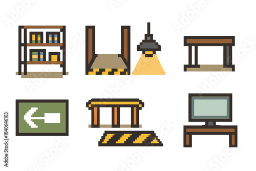 Safety Icons Collection. Safer Work Environments Environment pixel style set: organized shelf, clear walkway, bright lamp, stable platform, exit sign, railing, safety mat,