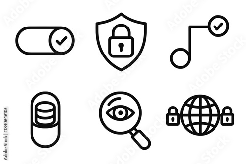 Digital Trust Icons. Digital Trust Frameworks linear set: consent toggle, encrypted vault, trust pathway, safe data capsule, oversight lens, protected network.