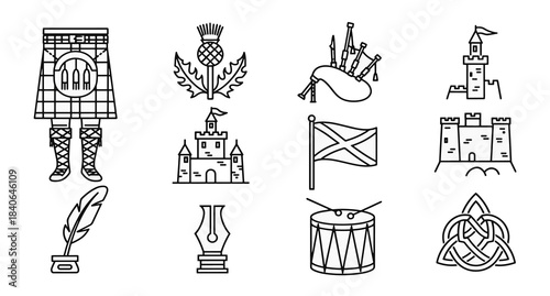 Vintage scottish emblems and symbols including castles bagpipes and national flag