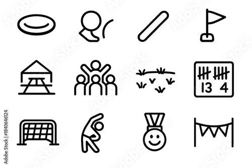 Outdoor Team Games. Casual Outdoor Team Games linear set: frisbee disc, kickball, relay baton, flag tag marker, picnic field setup, group cheer icon, grassy play area, score tally