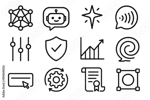 AI Interaction Icons. Human–AI Interfaces linear set: neural-inspired node web, chatbot speech bubble, recommendation spark, intent detector waves, model settings sliders, safe