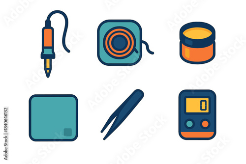 Compact Soldering Essentials. Compact Soldering Kit flat set: mini iron, pocket solder reel, tiny flux pot, micro tweezers, heat-safe mat, efficiency meter.