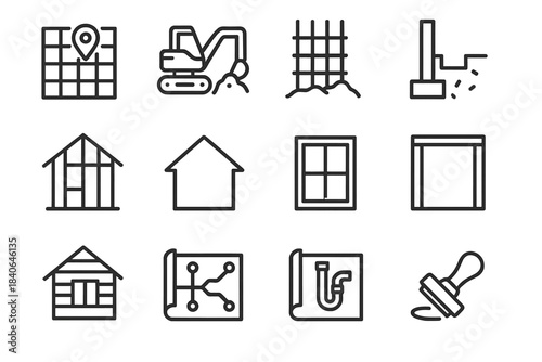 Construction Timeline Icons. Housing Project Timeline Icons linear set: survey grid, excavation phase, rebar setup, footing pour, wall studs, roof outline, window set, threshold