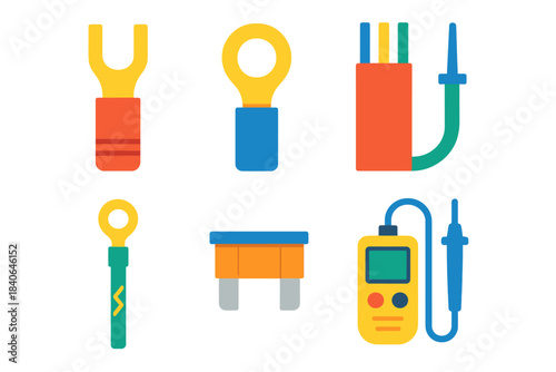 Modern Wiring Icons. Wiring Components Set flat set: crimp terminal, ring connector, cable sheath, grounding wire, fuse holder, continuity meter.