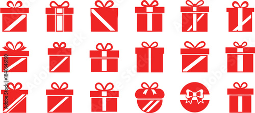Red gift box icons, festive packaging, holiday present designs, ribbon styles, celebration graphics, heart and round shapes, seasonal decor, cheerful wrapping, Christmas theme, vector set
