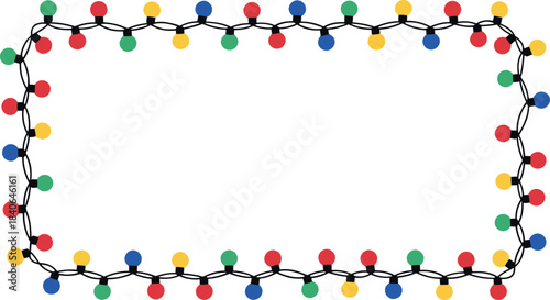 Colorful Christmas Holiday String Lights Border Frame Vector Illustration, Red, Green, Blue, and Yellow Bulbs, Festive Decoration Element for Seasonal Greeting Cards, Parties, or Events
