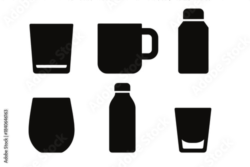 Brutalist Drinkware Icons. Drinkware silhouette set: glass tumbler, ceramic mug, travel flask, stemless cup, insulated bottle, small shot glass.