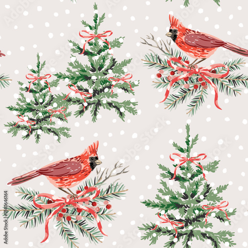 Christmas seamless pattern, cardinal birds, fir trees, twigs, red bows, snow, beige background. Vector illustration. Nature design. Winter season greeting. New Year holidays