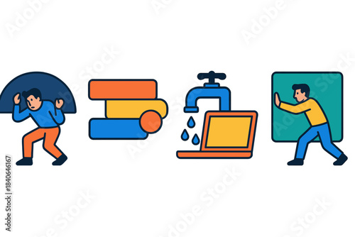 Iconic Workflow Overload. Overextended Workflow Scenarios flat set: burden-load arc, overlap-cue bead, resource-strain tile.